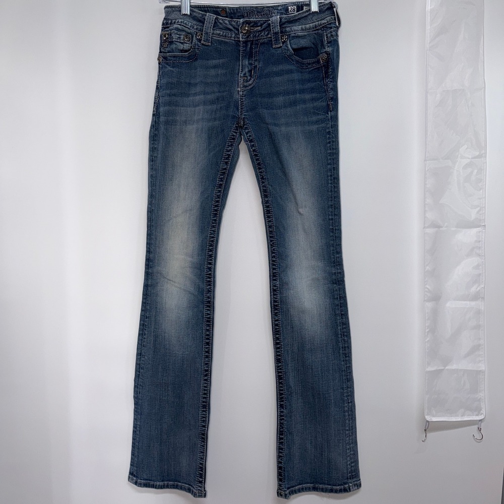 Miss Me Womens 28 Bootcut Jeans Rhinestone Embellished Fleur De Lis Y2K Western